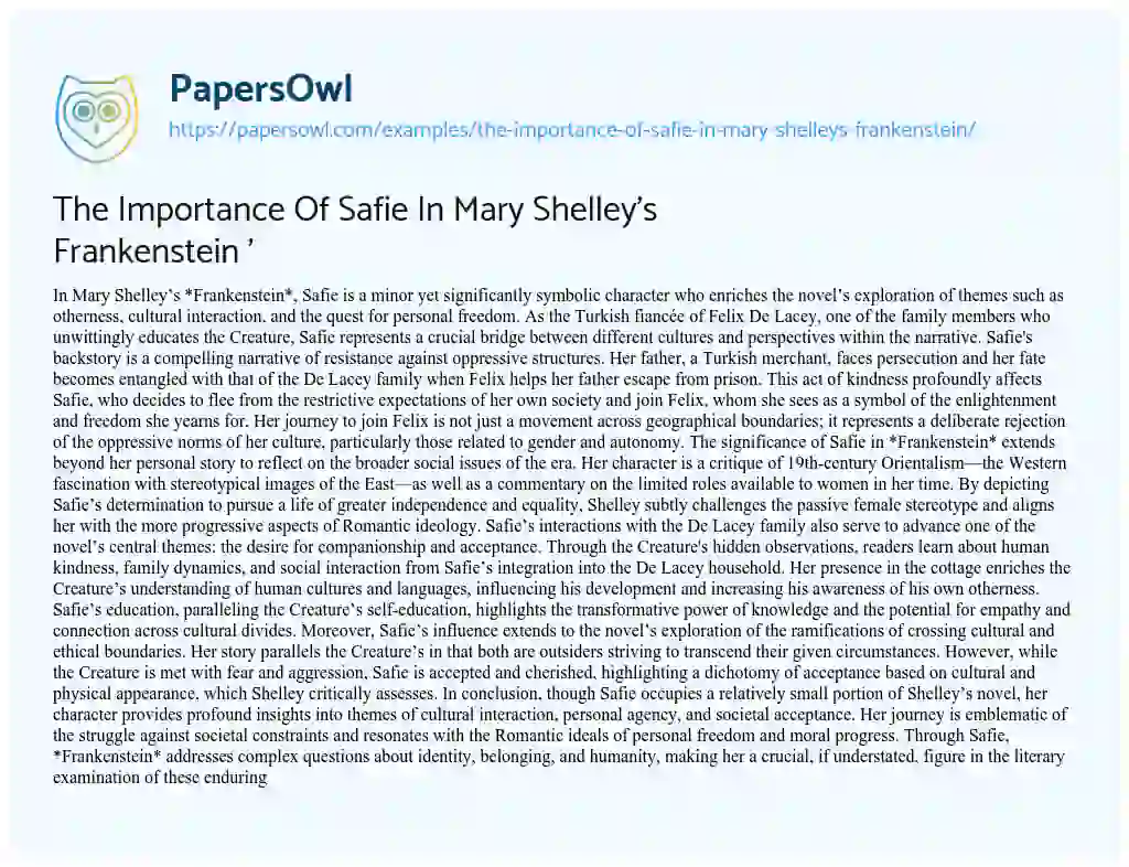 Essay on The Importance of Safie in Mary Shelley’s Frankenstein ‘