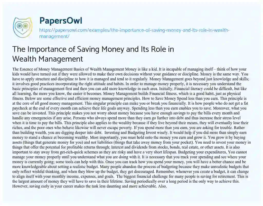 Essay on The Importance of Saving Money and its Role in Wealth Management