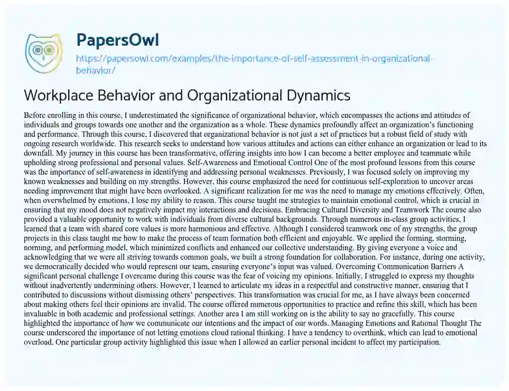 Essay on The Importance of Self Assessment in Organizational Behavior