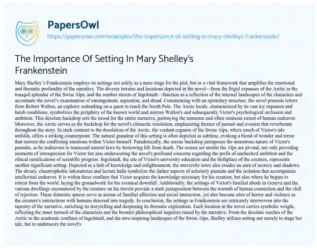 Essay on The Importance of Setting in Mary Shelley’s Frankenstein