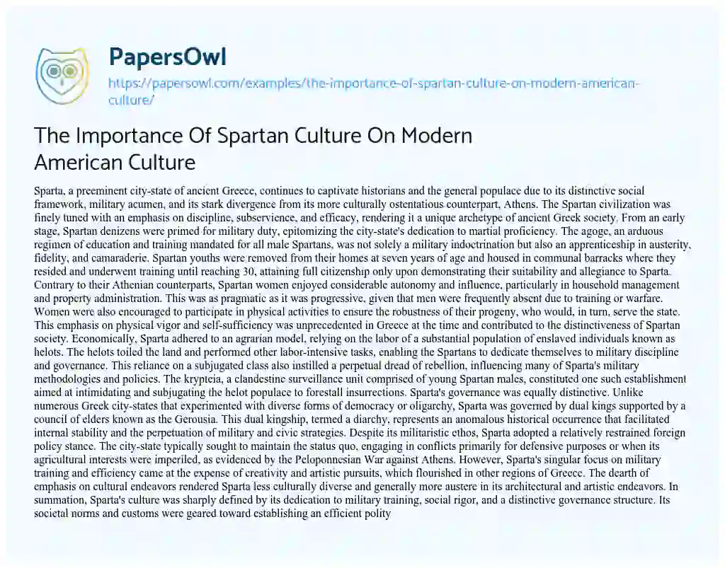 Essay on The Importance of Spartan Culture on Modern American Culture