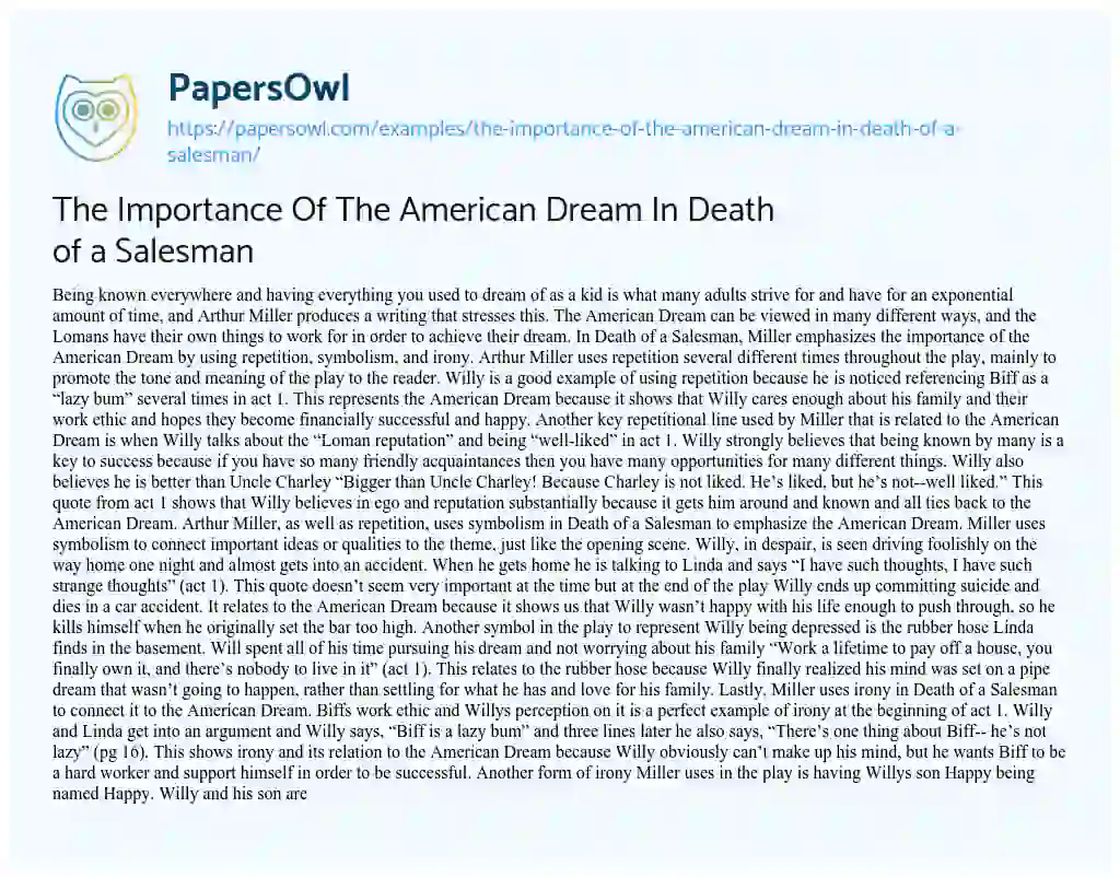 Essay on The Importance of the American Dream in Death of a Salesman
