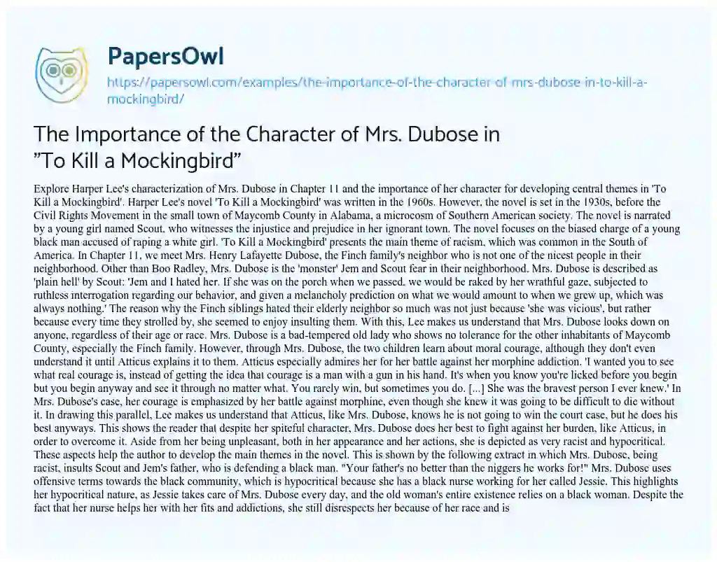 Essay on The Importance of the Character of Mrs. Dubose in “To Kill a Mockingbird”