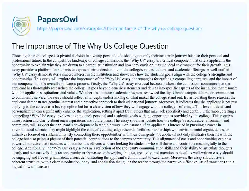 Essay on The Importance of The Why Us College Question