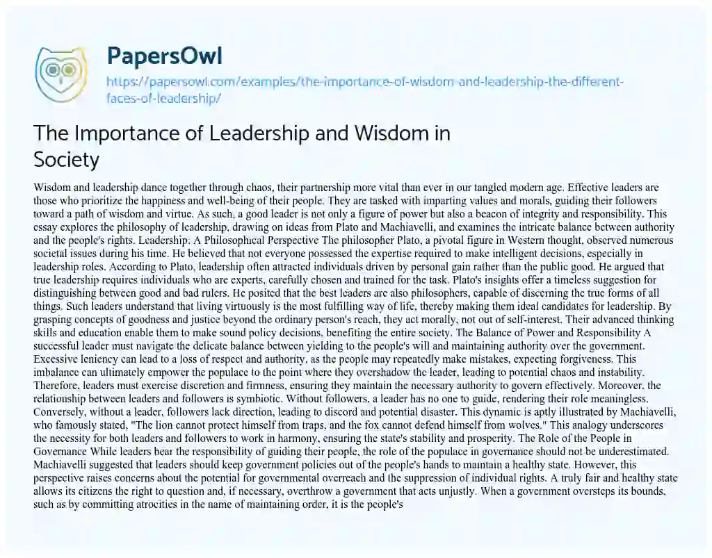 Essay on The Importance of Wisdom and Leadership: the Different Faces of Leadership