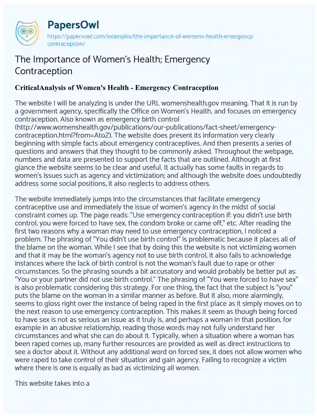 Essay on The Importance of Women’s Health; Emergency Contraception