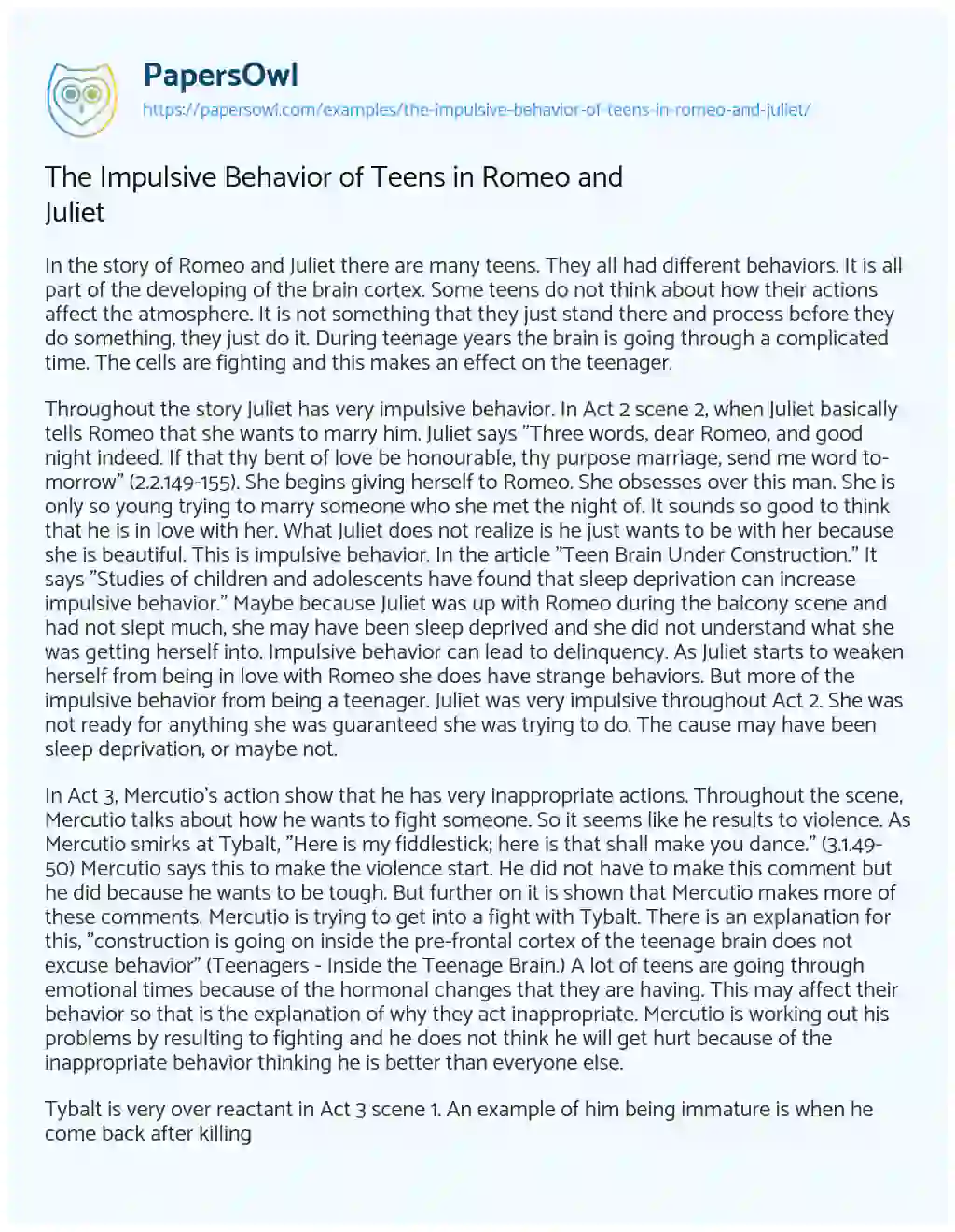 Essay on The Impulsive Behavior of Teens in Romeo and Juliet