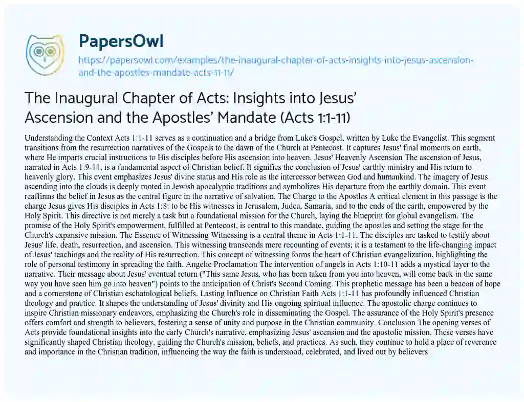 Essay on The Inaugural Chapter of Acts: Insights into Jesus’ Ascension and the Apostles’ Mandate (Acts 1:1-11)
