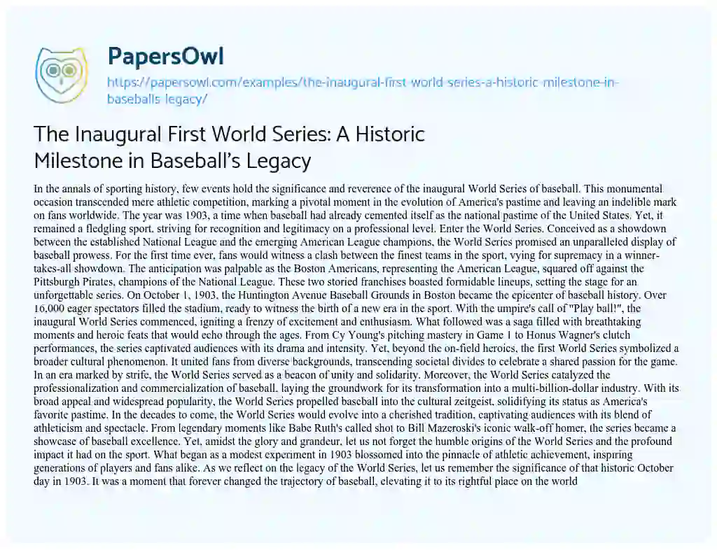 Essay on The Inaugural First World Series: a Historic Milestone in Baseball’s Legacy