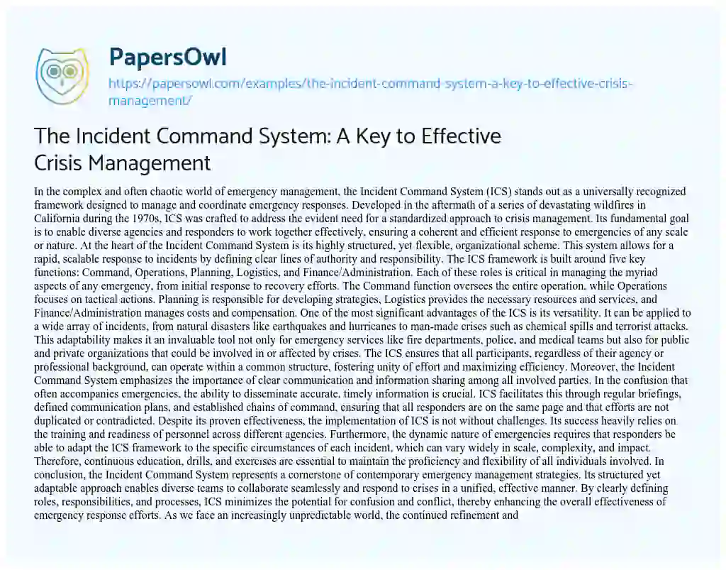 Essay on The Incident Command System: a Key to Effective Crisis Management