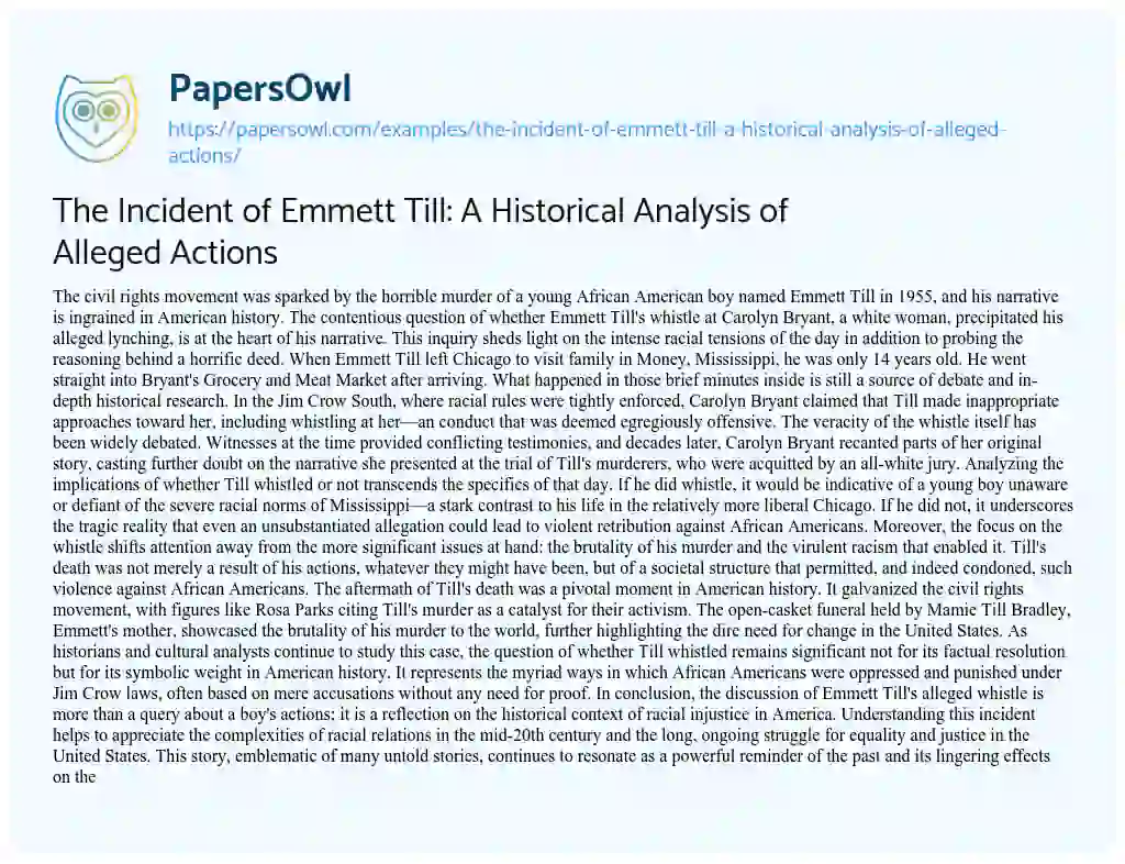 Essay on The Incident of Emmett Till: a Historical Analysis of Alleged Actions