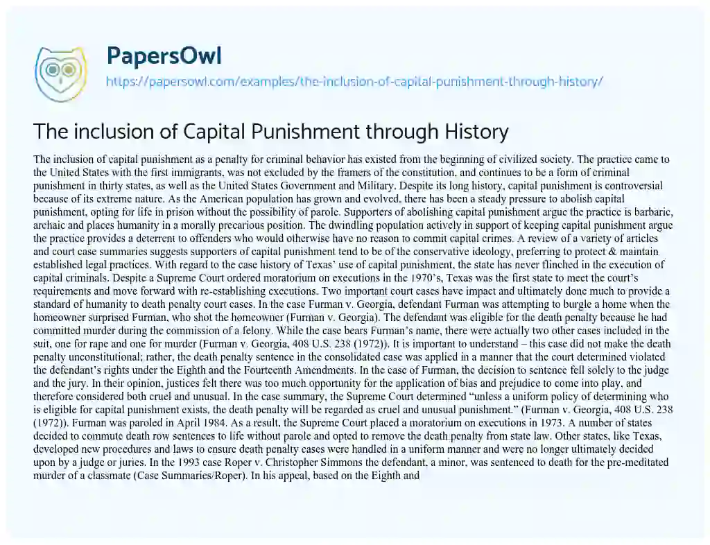 Essay on The Inclusion of Capital Punishment through History