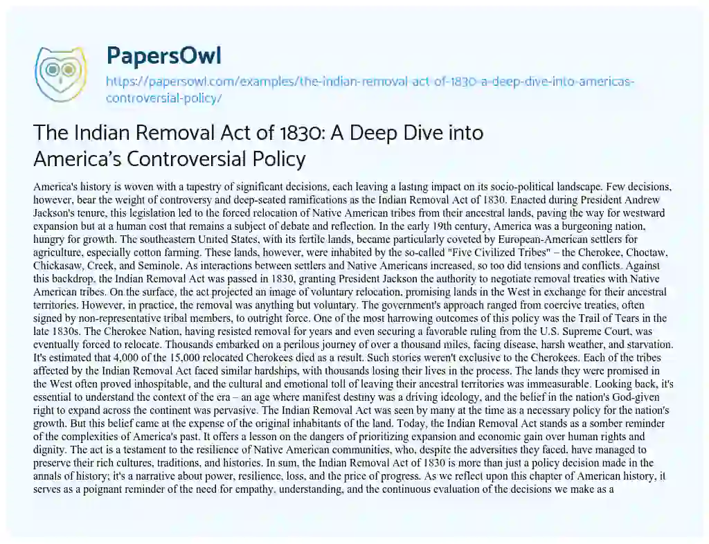 Essay on The Indian Removal Act of 1830: a Deep Dive into America’s Controversial Policy