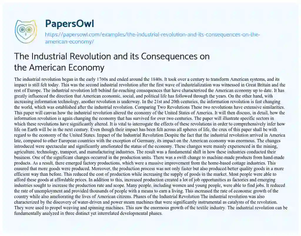 Essay on The Industrial Revolution and its Consequences on the American Economy