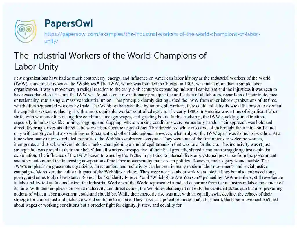 Essay on The Industrial Workers of the World: Champions of Labor Unity