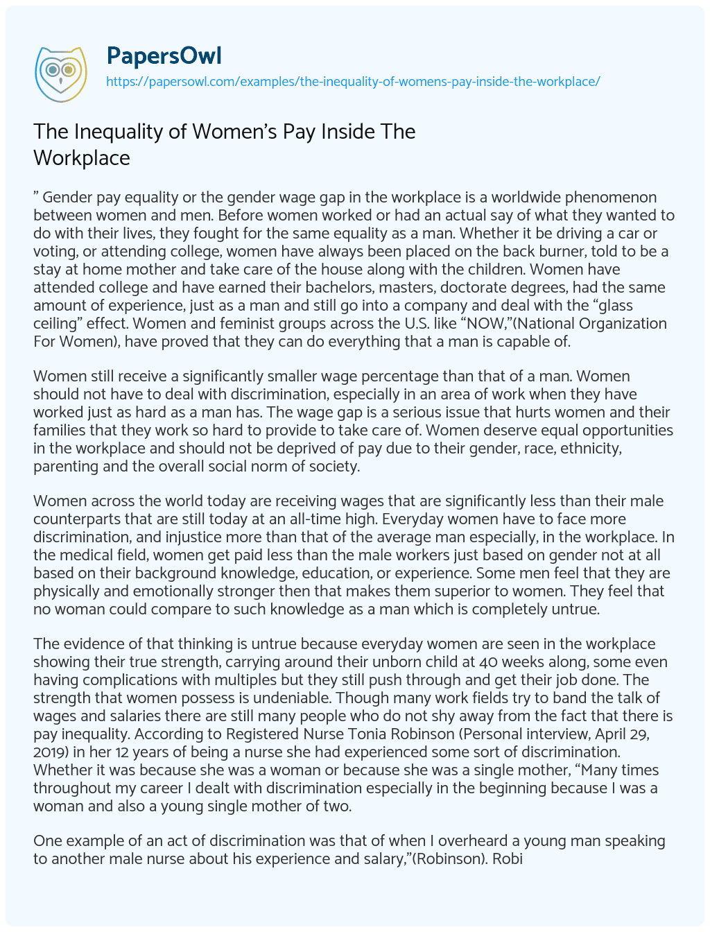 The Inequality of Women’s Pay Inside the Workplace The Inequality of Women’s Pay Inside the Workplace essay