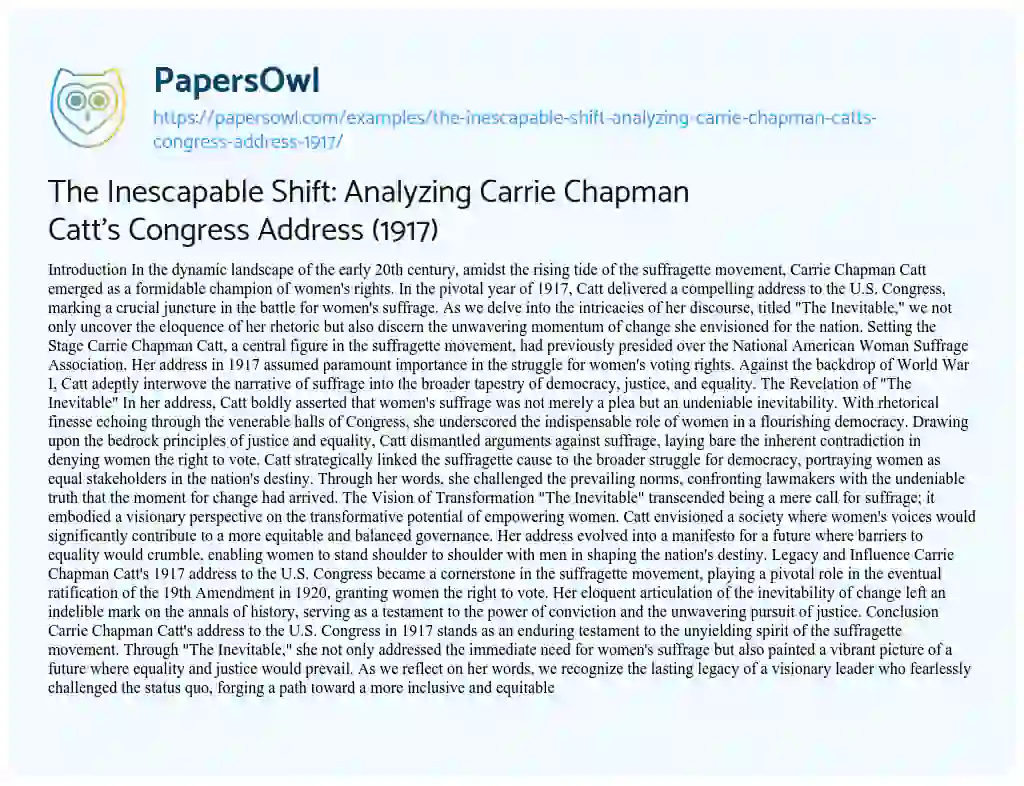Essay on The Inescapable Shift: Analyzing Carrie Chapman Catt’s Congress Address (1917)