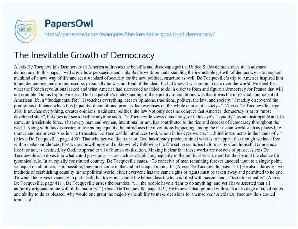 Essay on The Inevitable Growth of Democracy