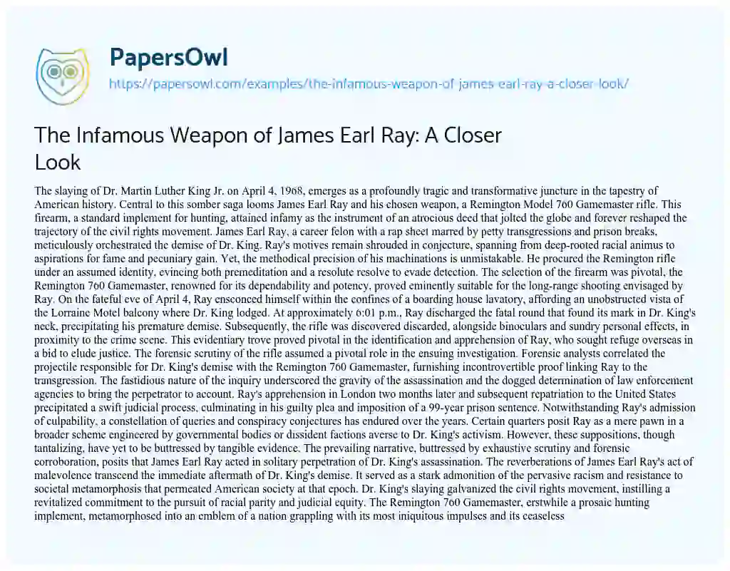 Essay on The Infamous Weapon of James Earl Ray: a Closer Look