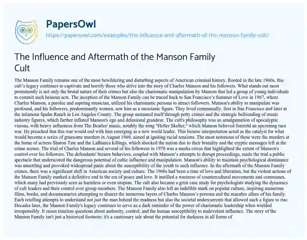 Essay on The Influence and Aftermath of the Manson Family Cult