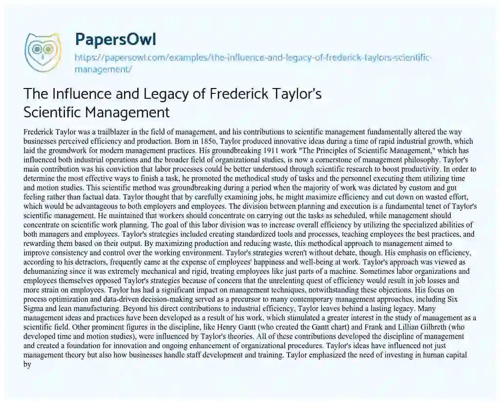 Essay on The Influence and Legacy of Frederick Taylor’s Scientific Management
