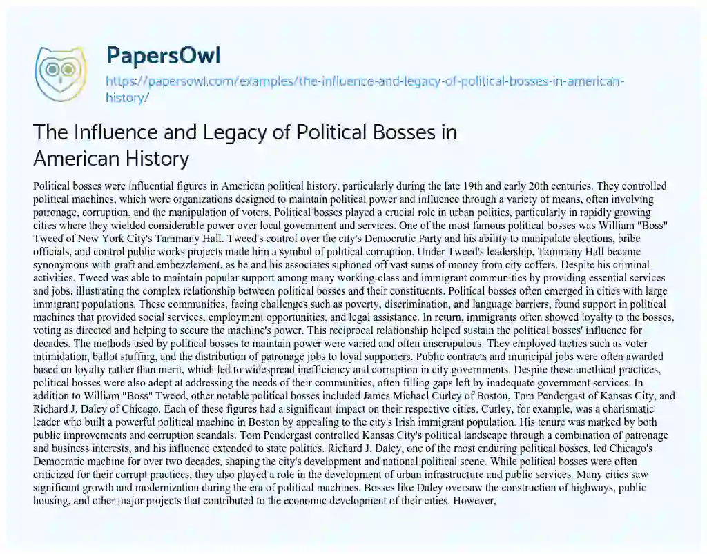 Essay on The Influence and Legacy of Political Bosses in American History