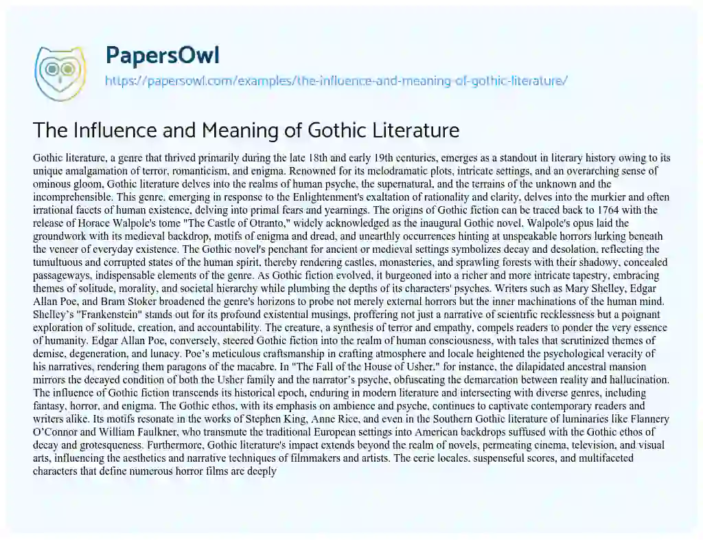 Essay on The Influence and Meaning of Gothic Literature