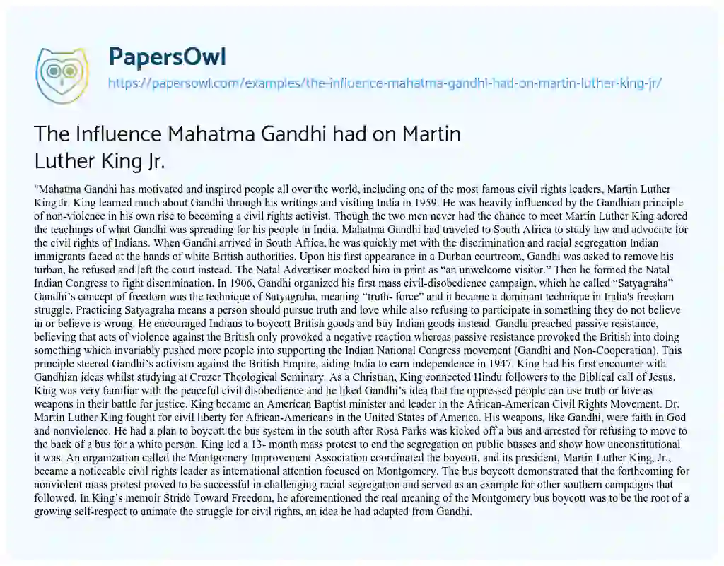 Essay on The Influence Mahatma Gandhi had on Martin Luther King Jr.