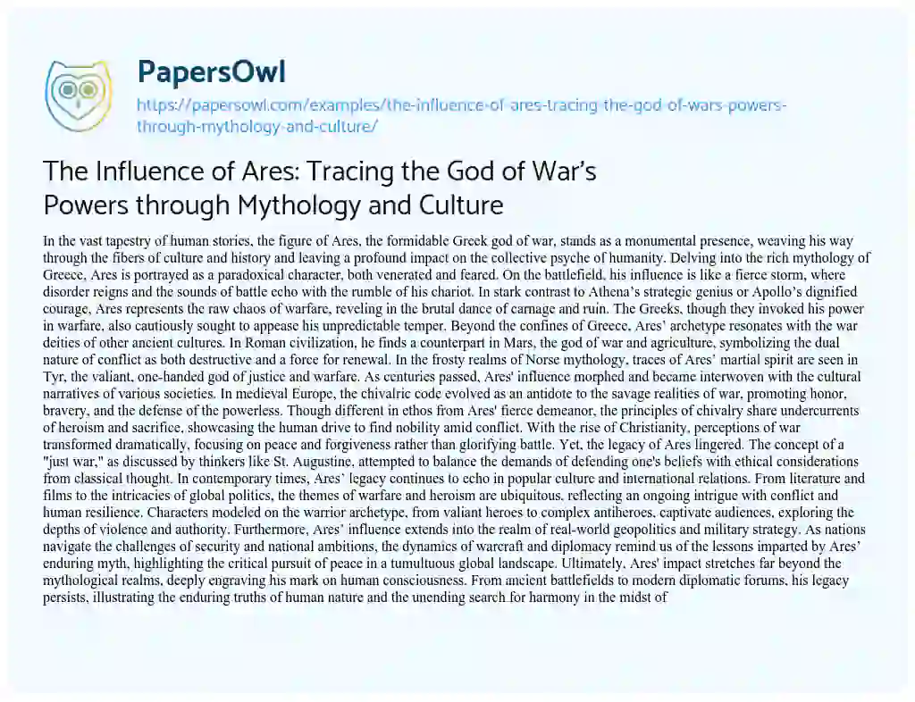 Essay on The Influence of Ares: Tracing the God of War’s Powers through Mythology and Culture