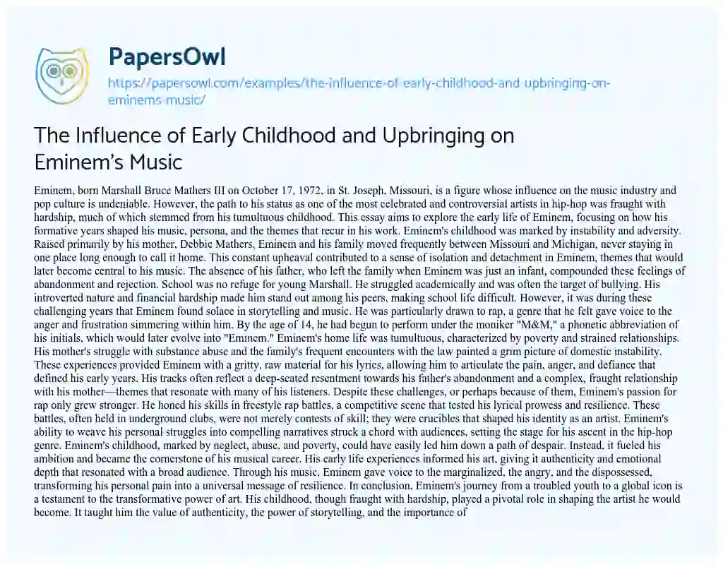 Essay on The Influence of Early Childhood and Upbringing on Eminem’s Music