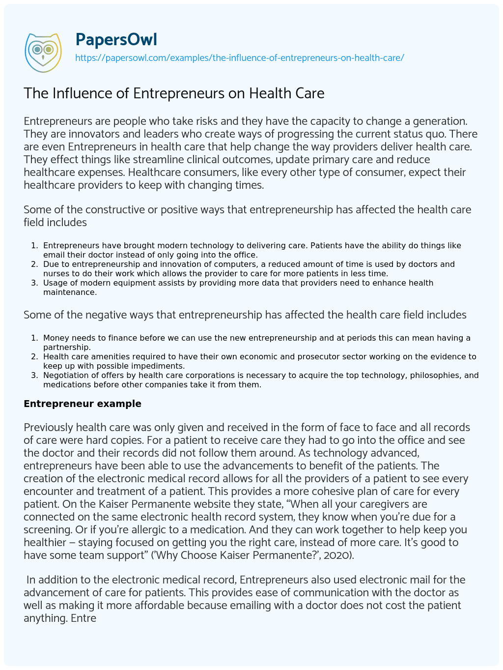 Essay on The Influence of Entrepreneurs on Health Care