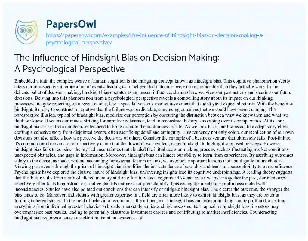 Essay on The Influence of Hindsight Bias on Decision Making: a Psychological Perspective