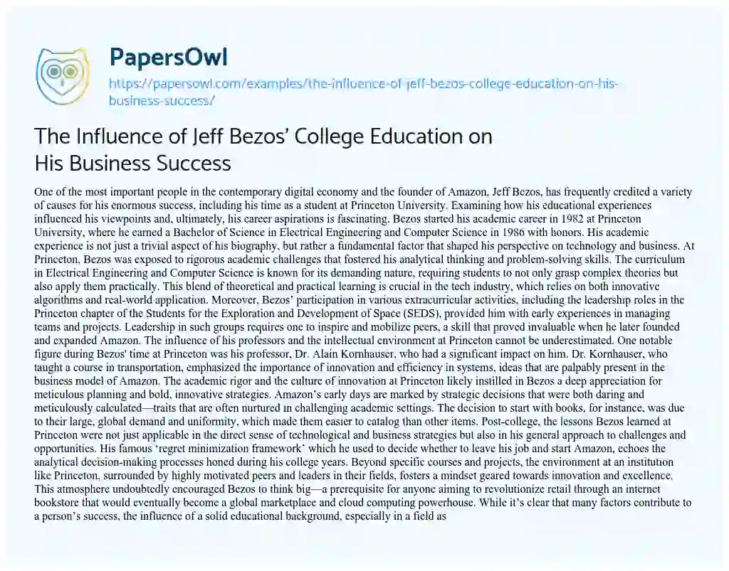 Essay on The Influence of Jeff Bezos’ College Education on his Business Success