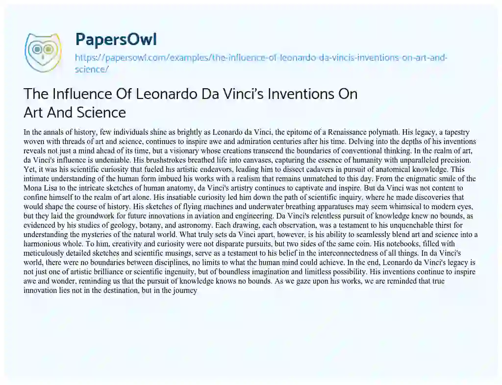 Essay on The Influence of Leonardo Da Vinci’s Inventions on Art and Science