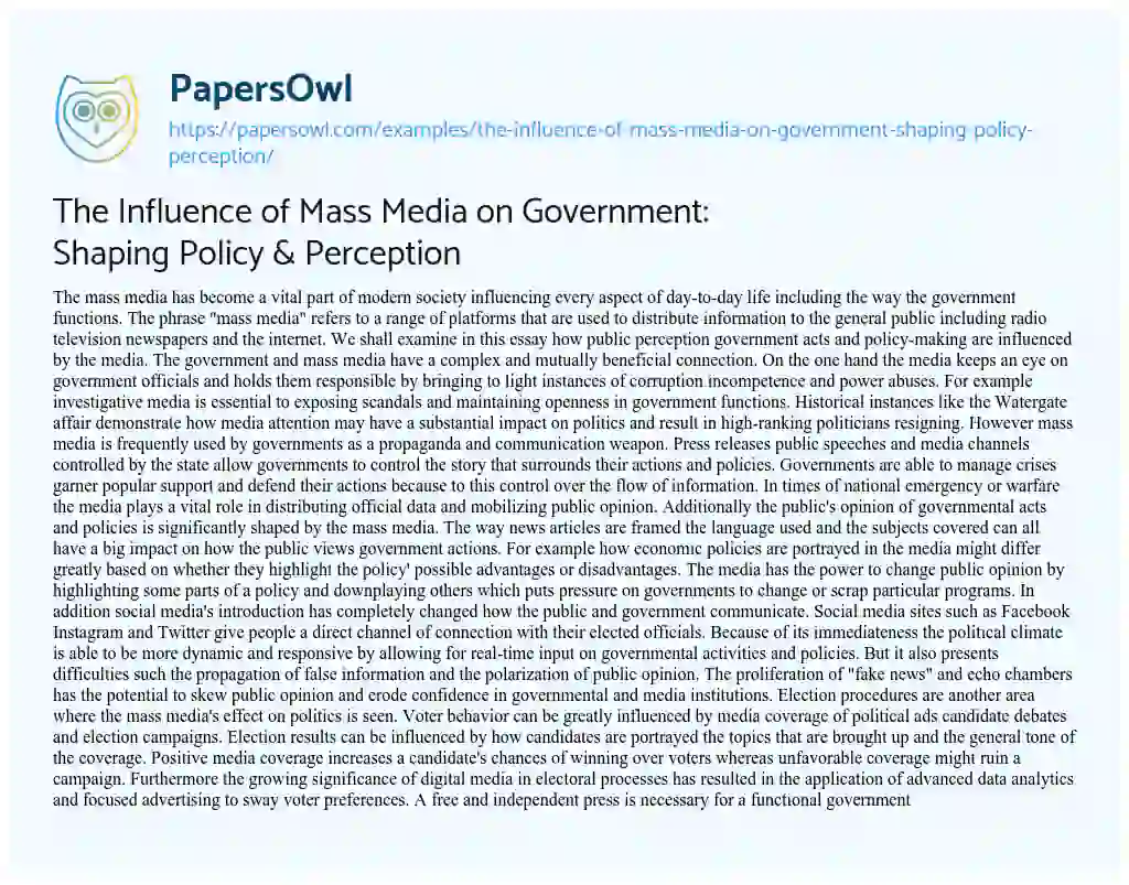 Essay on The Influence of Mass Media on Government: Shaping Policy & Perception