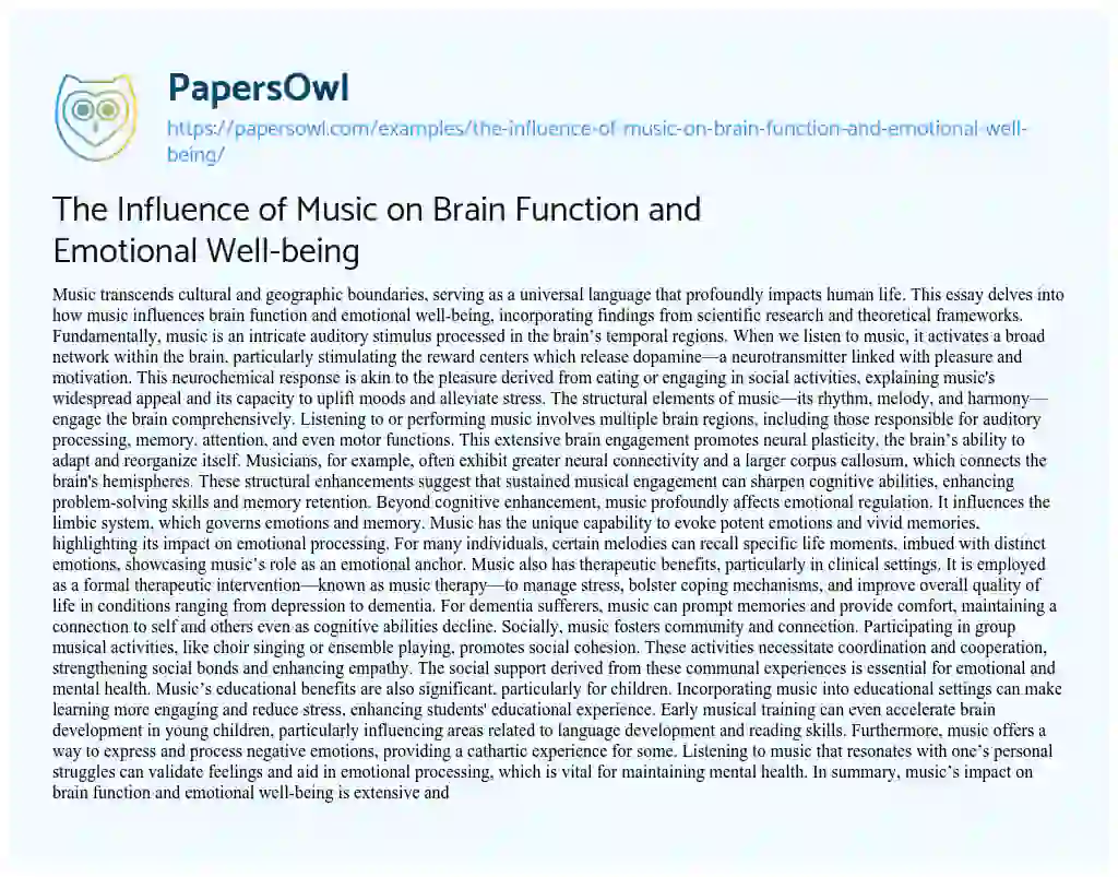 Essay on The Influence of Music on Brain Function and Emotional Well-being