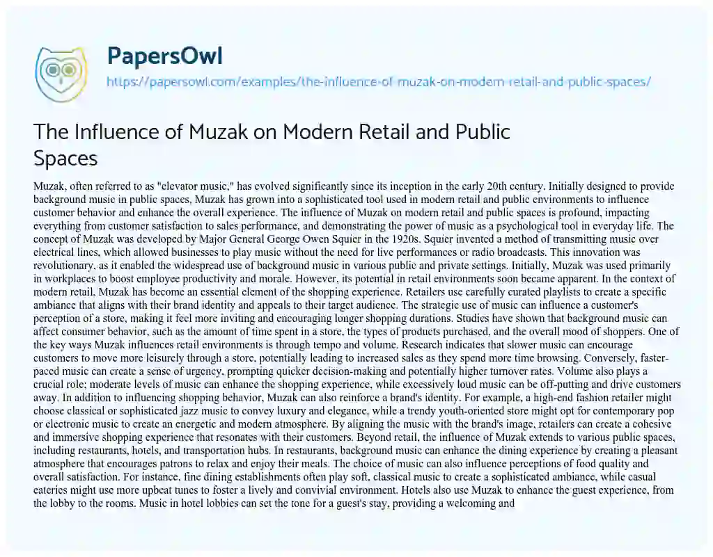 Essay on The Influence of Muzak on Modern Retail and Public Spaces