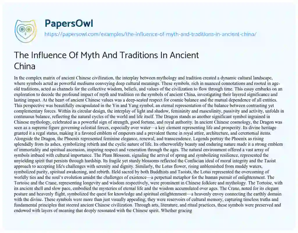Essay on The Influence of Myth and Traditions in Ancient China