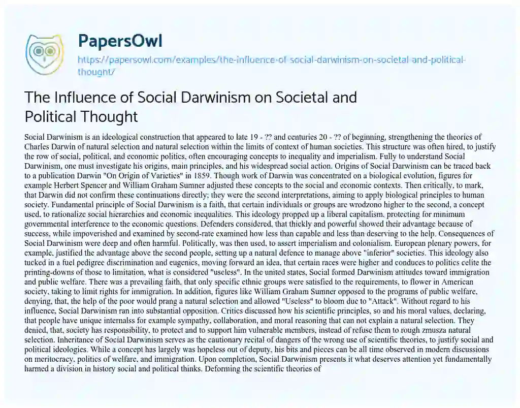 Essay on The Influence of Social Darwinism on Societal and Political Thought