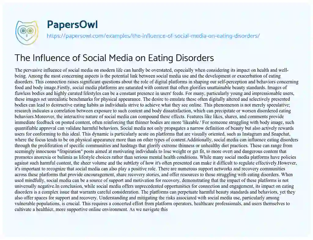 Essay on The Influence of Social Media on Eating Disorders