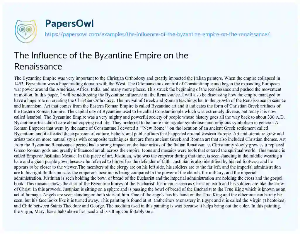 Essay on The Influence of the Byzantine Empire on the Renaissance