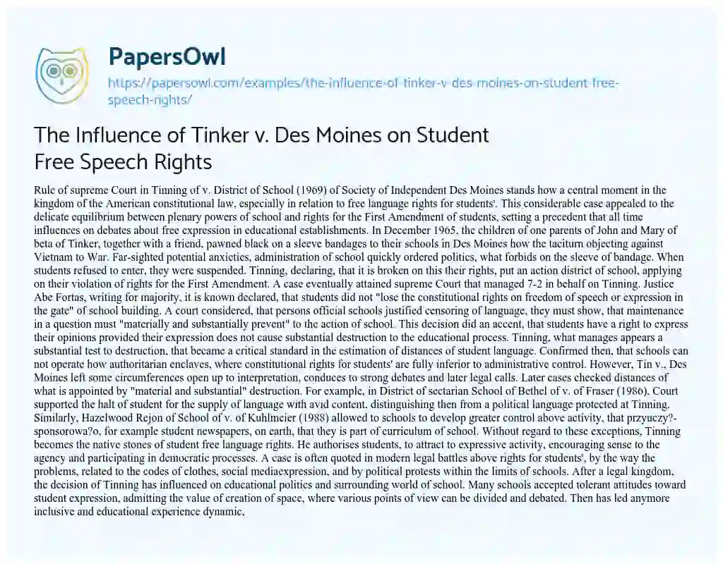 Essay on The Influence of Tinker V. Des Moines on Student Free Speech Rights