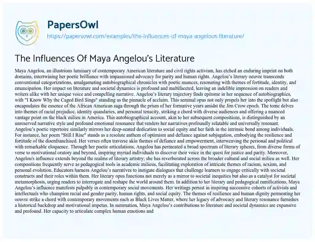 Essay on The Influences Of Maya Angelou’s Literature