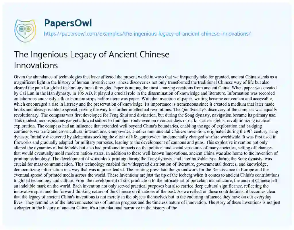 Essay on The Ingenious Legacy of Ancient Chinese Innovations