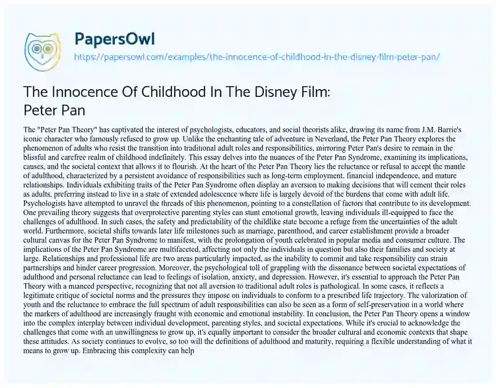 Essay on The Innocence of Childhood in the Disney Film: Peter Pan