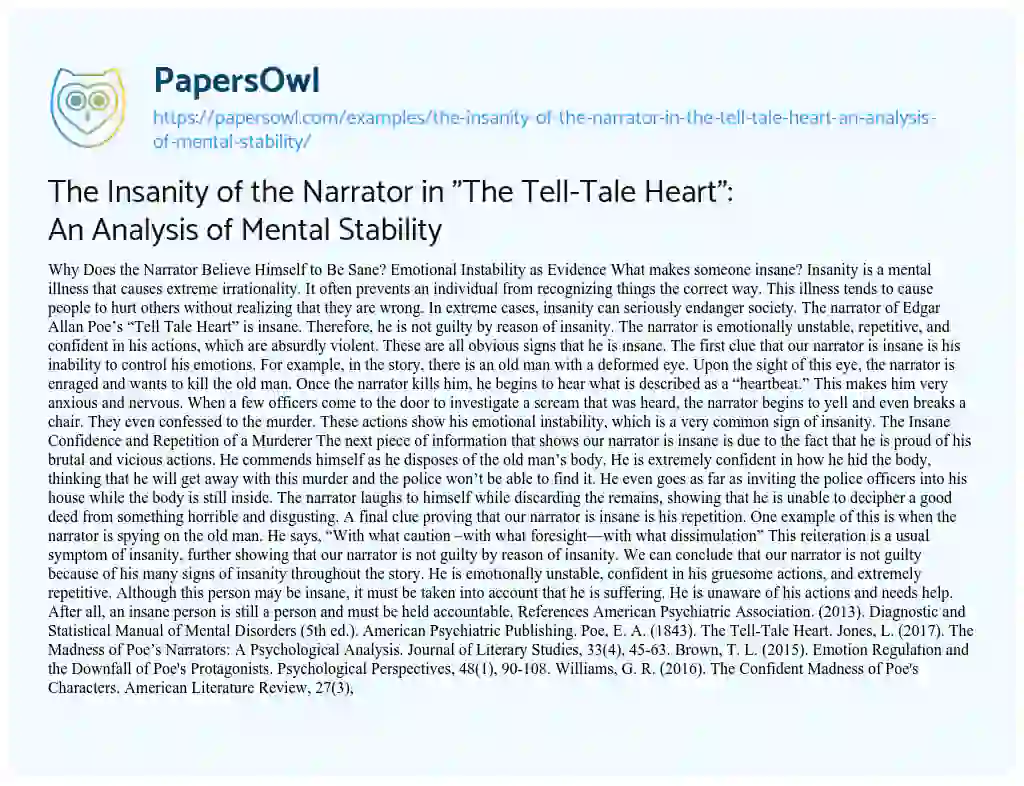 Essay on The Insanity of the Narrator in “The Tell-Tale Heart”: an Analysis of Mental Stability