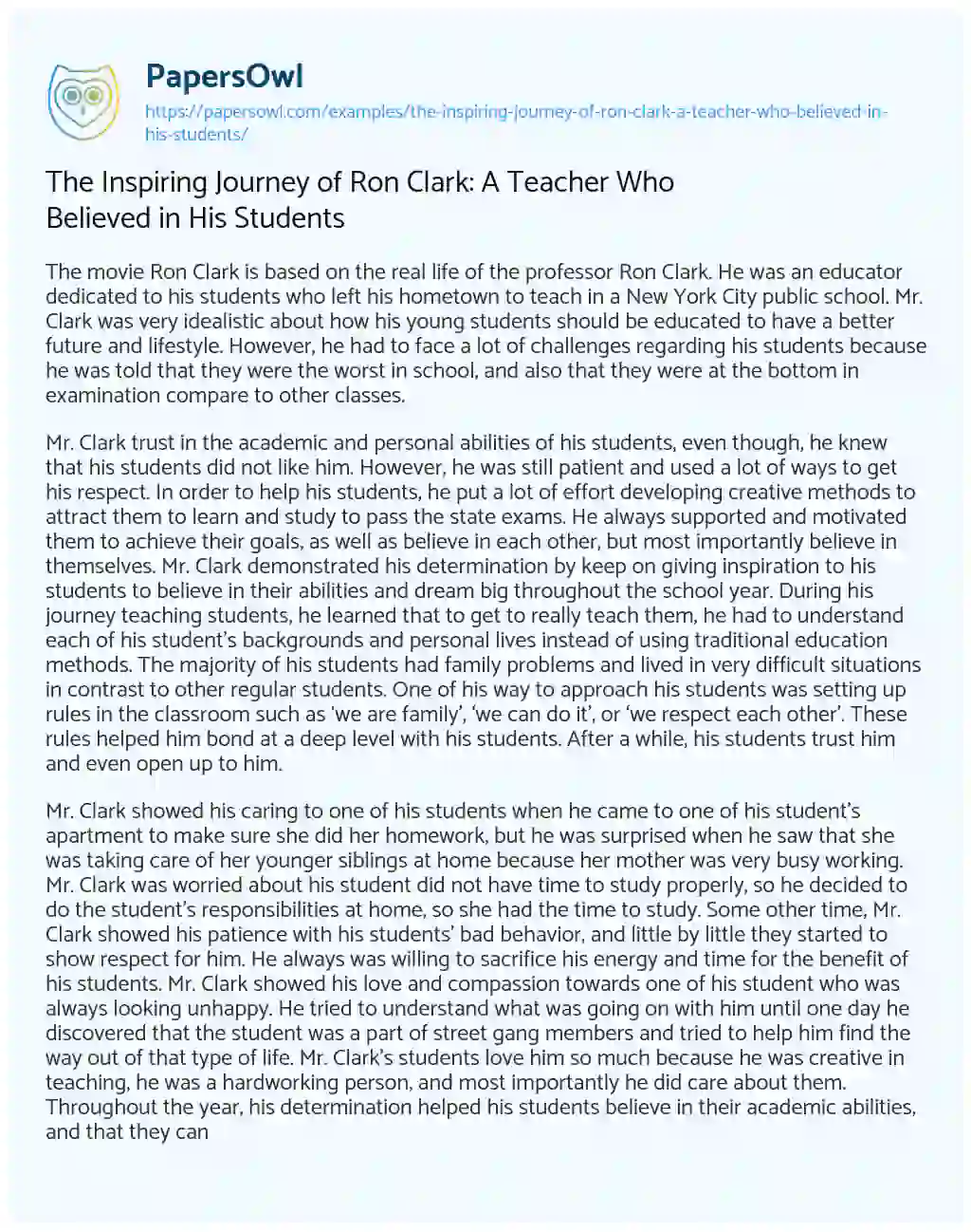 Essay on The Inspiring Journey of Ron Clark: a Teacher who Believed in his Students