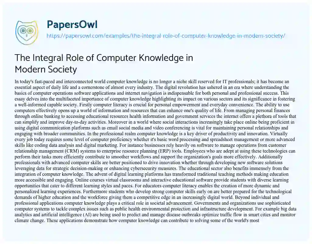 Essay on The Integral Role of Computer Knowledge in Modern Society