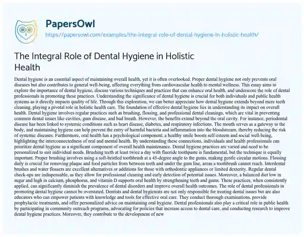 Essay on The Integral Role of Dental Hygiene in Holistic Health