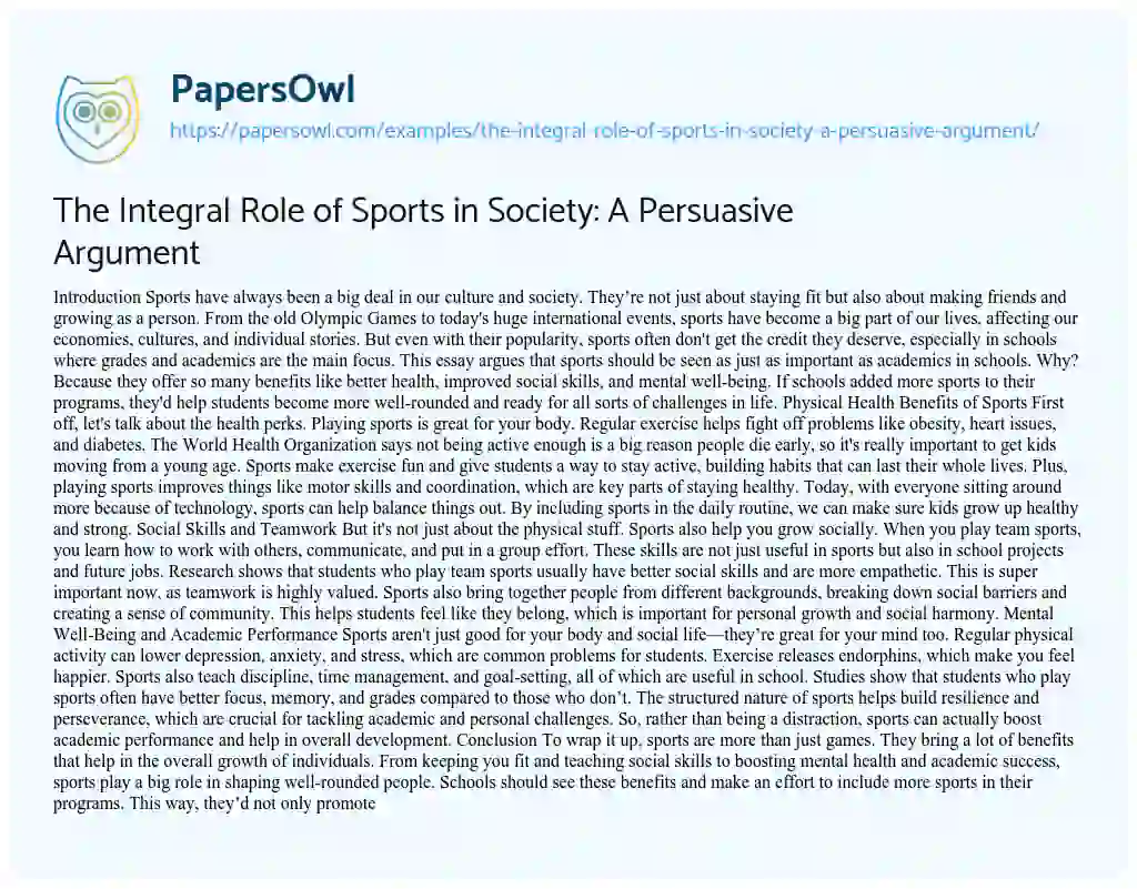 Essay on The Integral Role of Sports in Society: a Persuasive Argument